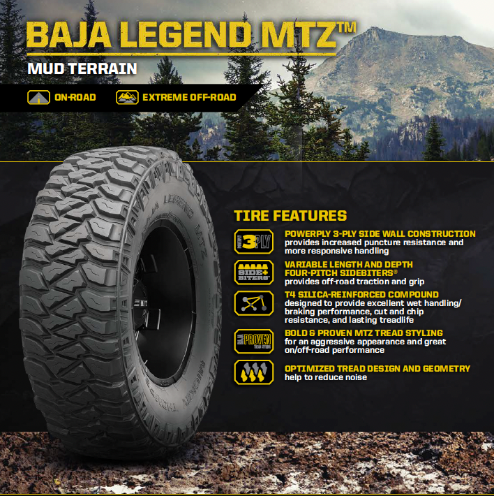 Mickey Thompson Baja Legend MTZ Tires for 100 Series 60 Series — Part #247441 — fits 31X10.50R15LT 109Q, 33X10.50R15LT 114Q, 33X12.50R15LT 108Q, 35X12.50R15LT 113Q