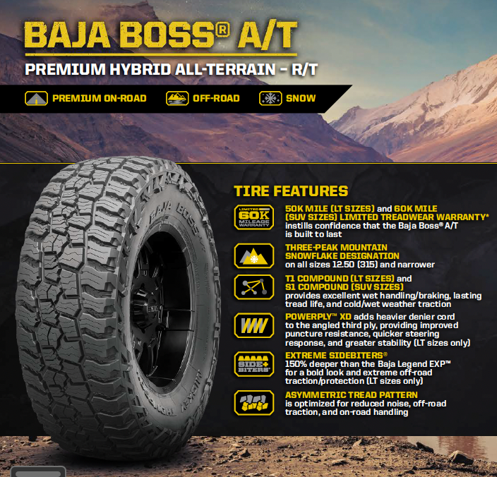 Mickey Thompson Baja Boss A/T Tires / Hybrid Extreme Tires for 100 Series 60 Series — Part #249344 — fits 235/75R15 109T, 265/70R16 112T, 265/75R16 116T, LT265/75R16 123Q